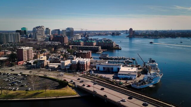 Aerial view of Norfolk Virginia skyline and Elizabeth River mid day