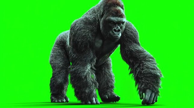 A massive gorilla slowly approaches the viewer, showing its immense strength and intimidating presence on a green screen.