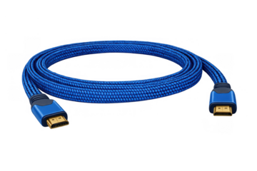 Blue hdmi cable coiled up, featuring a durable braided exterior and gold-plated connectors on a transparent background