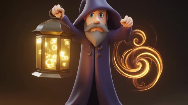 Mystical wizard holding a glowing lantern with magical energy.
