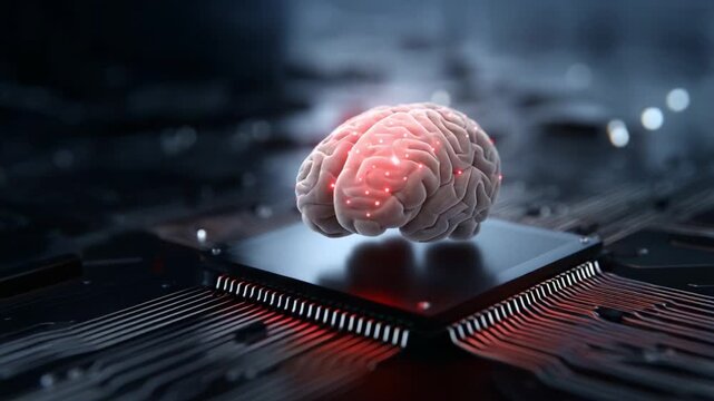 A futuristic representation of artificial intelligence blending human brain and microchip technology, symbolizing the merger of biology and computing innovations.