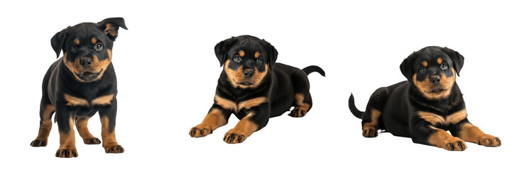 Obraz premium Rottweiler Puppy Isolated on White Background, रॉटवाइलर, Black and Tan Large Working Breed, Robust Purebred Young Canine, Guard Dog Protector, Standing Pet.