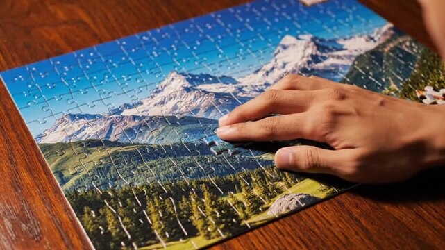 Close-up of hand placing the missing piece into a mountain landscape jigsaw puzzle on a wooden table to complete the picture