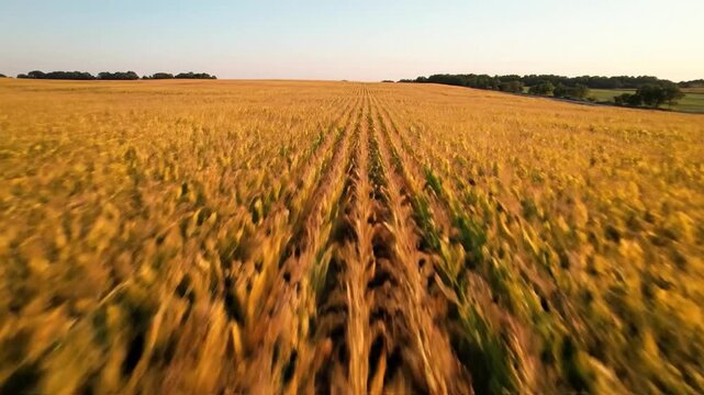 Aerial view over golden crop fields extending to horizon under a clear sky