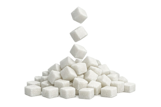 Sugar cubes falling and piling, creating a sweet white mountain with transparent background for design