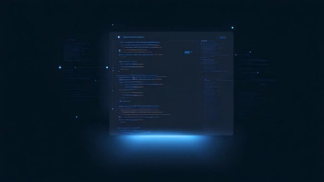A futuristic interface displaying lines of code, showcasing programming and development in a dark environment with glowing elements and abstract data visualizations.