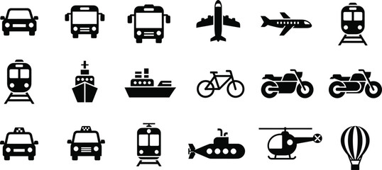Collection of Black Transportation Icons Featuring Cars, Buses, Airplanes, Trains, Ships, and Motorcycles for Travel and Logistics