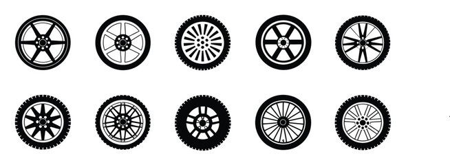 Black rubber wheel tire set featuring car tire tread tracks, motorcycle racing wheels, and dirty tire marks, ideal for automobile, transport, road maintenance, and vector illustration projects. © WelcomeJune