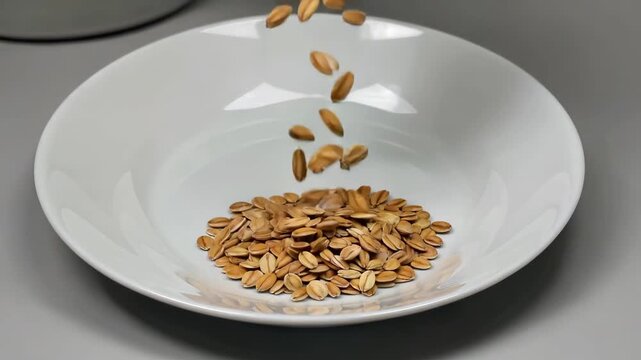 Wheat grains fall into a white porcelain bowl Close-up Oatmeal poured into a bowl Close-up