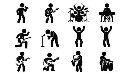 A collection of black silhouettes depicting people playing various musical instruments and singing