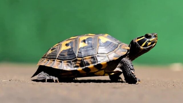 The reptile features a distinctively patterned black and yellow shell and textured skin, highlighting its natural armor and slow movement.