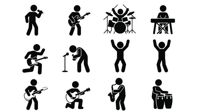 A collection of black silhouettes depicting people playing various musical instruments and singing