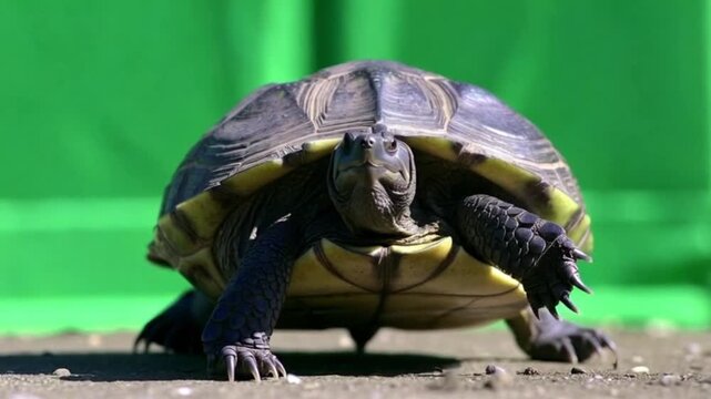 The reptile features a distinctively patterned black and yellow shell and textured skin, highlighting its natural armor and slow movement.