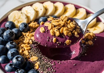 Close-Up of Acai Bowl with Banana, Blueberries, Granola, Chia Seeds