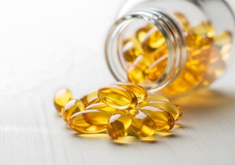 Omega 3 Capsules Spilling from Bottle on White Wood