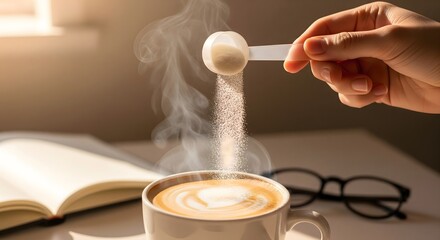 Hand Pouring Collagen Powder into Hot Coffee with Steam and Latte Art