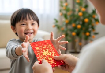Joyful Asian Child Receiving Lucky Red Envelope