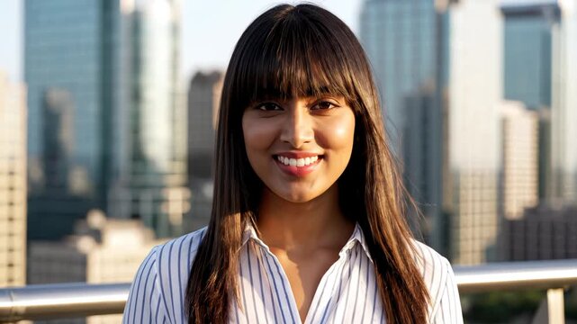 Smiling woman in front of city skyline