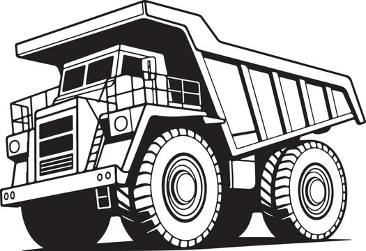 Black and White Mining Dump Truck Line Art Illustration Vector