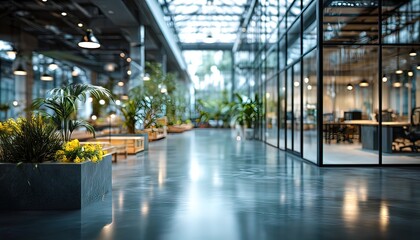 Modern office hallway with plants