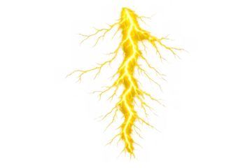 Bright yellow lightning bolt creating a powerful electric spark. Transparent background showing electrical energy and intense weather