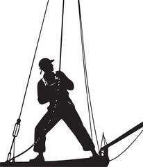 Strong Industrial Worker Silhouette Pulling Heavy Rope on Rigging Platform