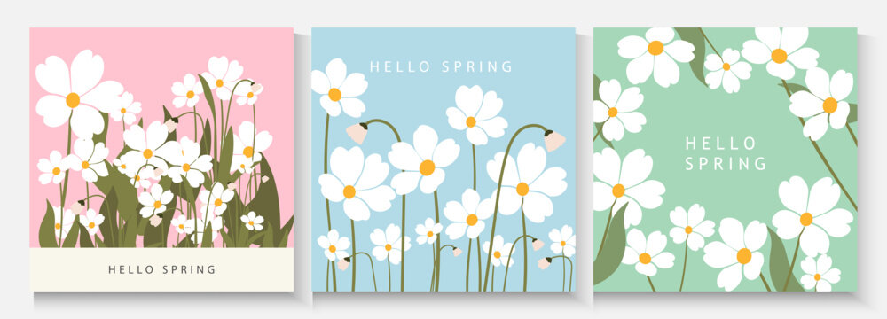 set of spring poster holiday in modern art style. Greeting cards with  flowers in pastel colors and trendy typography.Abstract floral background for Mother's Day, Women's Day March 8, birthday, Easter