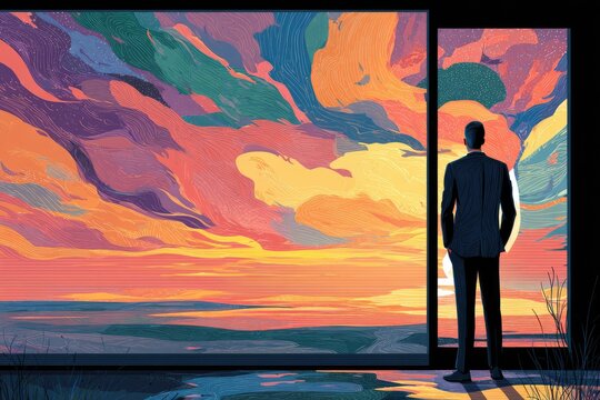 A figure gazing at a colorful sunset through windows, artfully captured in an abstract style