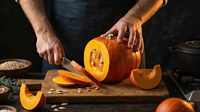 Male chef hands slicing fresh orange pumpkin with knife on wooden cutting board in rustic kitchen for autumn meal preparation