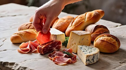 Assorted breads cheeses and meats