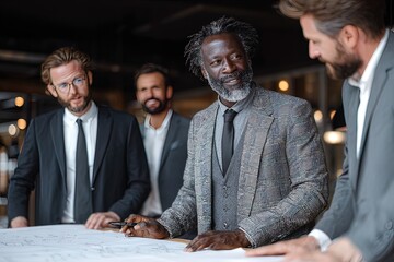 Four men in suits discussing plans