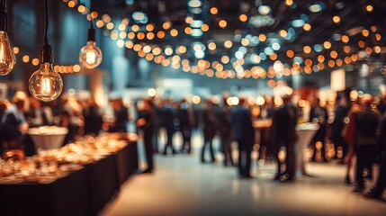 Event hall with people and hanging lights