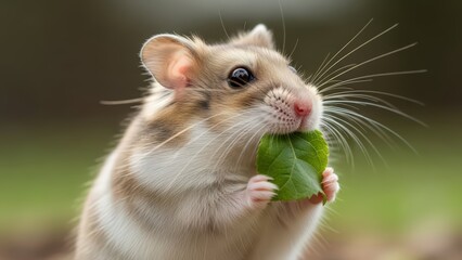 Obraz premium Close-up of a cute fluffy hamster with brown and white fur holding a small green leaf in its paws and eating it outdoors.