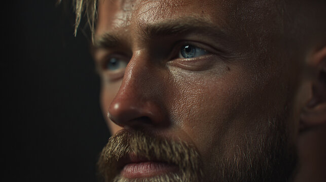 Masculine, beautiful man, blonde beard, light blue eyes, square jaw, hair shaved on the sides, longer on top, falling to one side, gorgeous male model