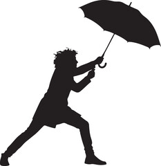 Black silhouette of a person struggling with an umbrella in high wind