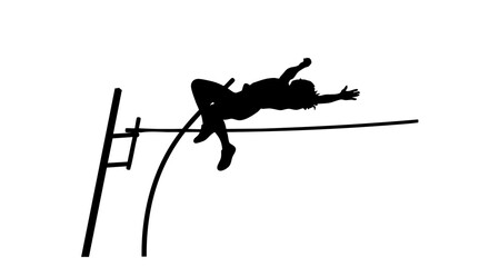 Athlete silhouette clears high jump bar in track and field event with hurdle