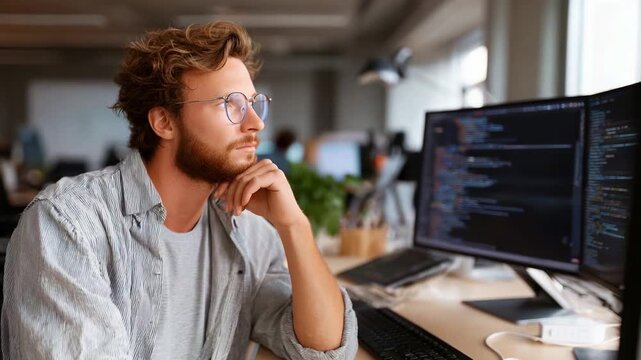 Contemplative young man at a modern workspace deep in thought while working on computer coding tasks, reflecting a moment of focus and creativity
