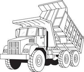 Heavy duty dump truck with raised skip, outline drawing for coloring book