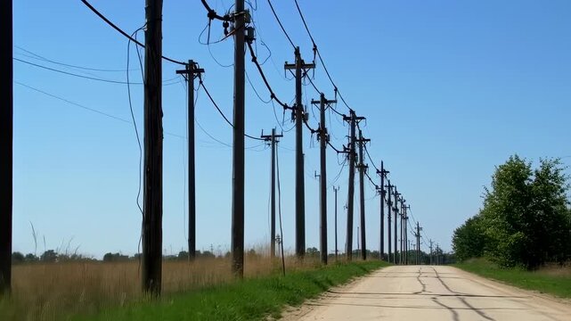 A dirt road flanked by wooden utility poles with power lines stretches towards the horizon under a clear blue sky