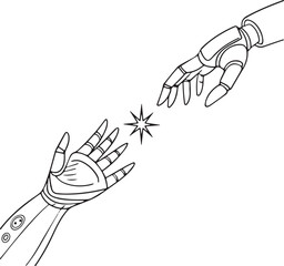 AI Connection: Two Robot Hands Reaching for a Star in Line Art