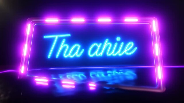 A neon sign in a dark environment with blue and purple lights displays cursive text