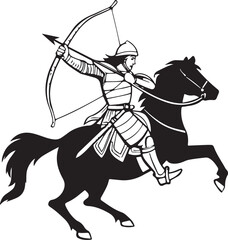 Historical Mounted Archer Warrior on Galloping Horse Black and White Icon
