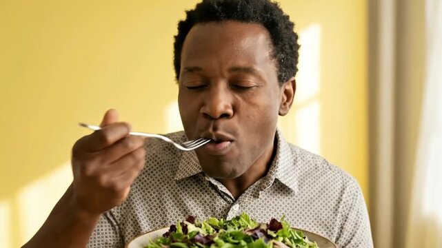 Happy African American man eating fresh green salad and savoring healthy vegetarian meal on yellow background