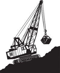 Heavy duty dragline excavator machine black and white graphic vector.