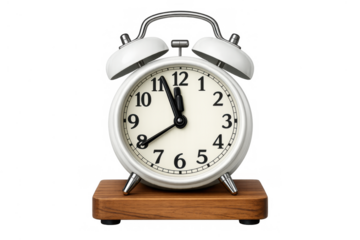 White retro alarm clock showing midnight or noon on a wooden base, managing time and deadlines, transparent background