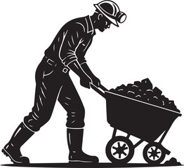Coal Miner Pushing Wheelbarrow Full of Coal Silhouette Illustration