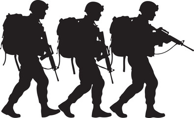Obraz premium Black Silhouette of Three Armed Soldiers Marching with Rucksacks