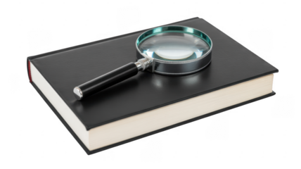 Magnifying glass on a black book magnifier isolated isolated on a transparent background