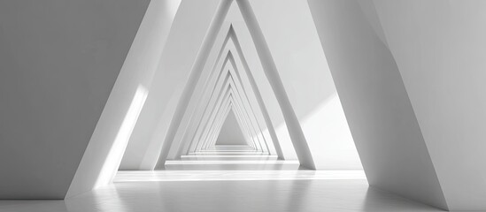 Fototapeta premium Long, minimalist corridor, geometric, with converging triangular shapes, white, bright lighting, abstract