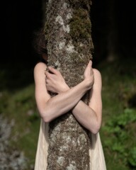 Young woman hugging a large mossy tree trunk in a lush forest showing love for nature and ecology protection concept with soft dappled sunlight and copy space